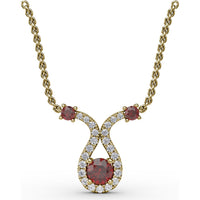 Ribbon Twist Pendant with Round Ruby and Pavé Diamond Halo by Fana - 0.52 Carat Total Gemstone Weight