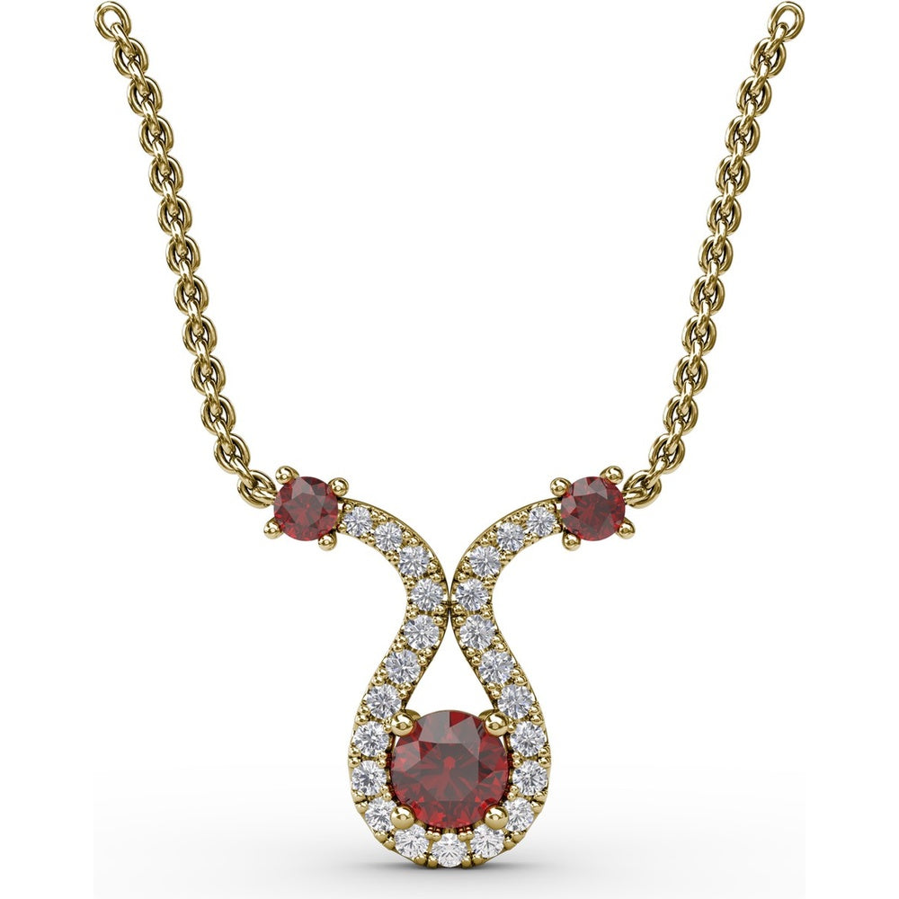 Ribbon Twist Pendant with Round Ruby and Pavé Diamond Halo by Fana - 0.52 Carat Total Gemstone Weight