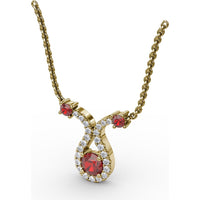 Ribbon Twist Pendant with Round Ruby and Pavé Diamond Halo by Fana - 0.52 Carat Total Gemstone Weight