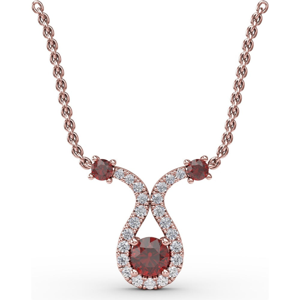 Ribbon Twist Pendant with Round Ruby and Pavé Diamond Halo by Fana - 0.52 Carat Total Gemstone Weight