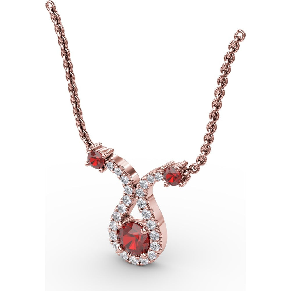Ribbon Twist Pendant with Round Ruby and Pavé Diamond Halo by Fana - 0.52 Carat Total Gemstone Weight