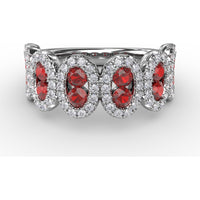 Ring with Round Rubies and Pavé Diamond Halos in Oval Clusters by Fana - 1.53 Carat Total Gemstone Weight