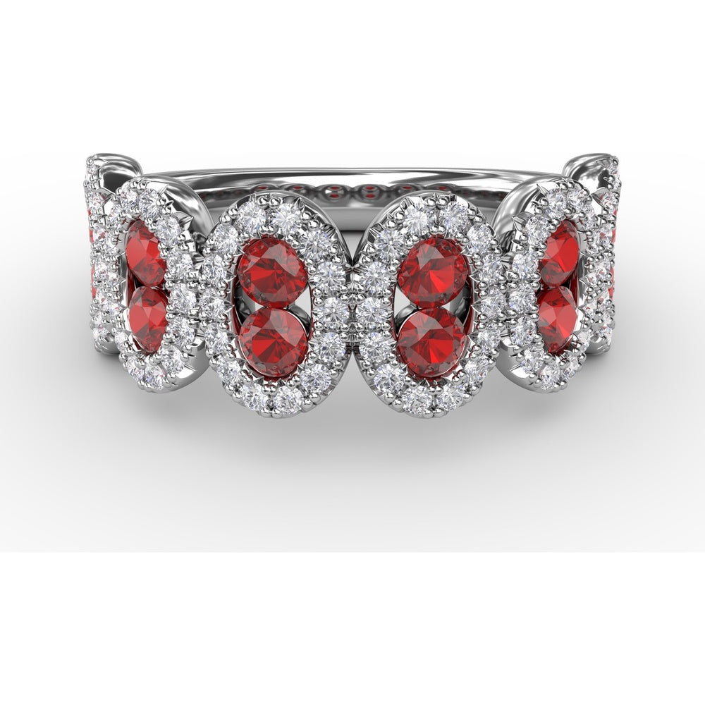 Ring with Round Rubies and Pavé Diamond Halos in Oval Clusters by Fana - 1.53 Carat Total Gemstone Weight