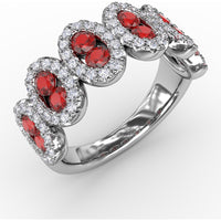 Ring with Round Rubies and Pavé Diamond Halos in Oval Clusters by Fana - 1.53 Carat Total Gemstone Weight
