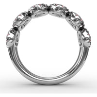 Ring with Round Rubies and Pavé Diamond Halos in Oval Clusters by Fana - 1.53 Carat Total Gemstone Weight