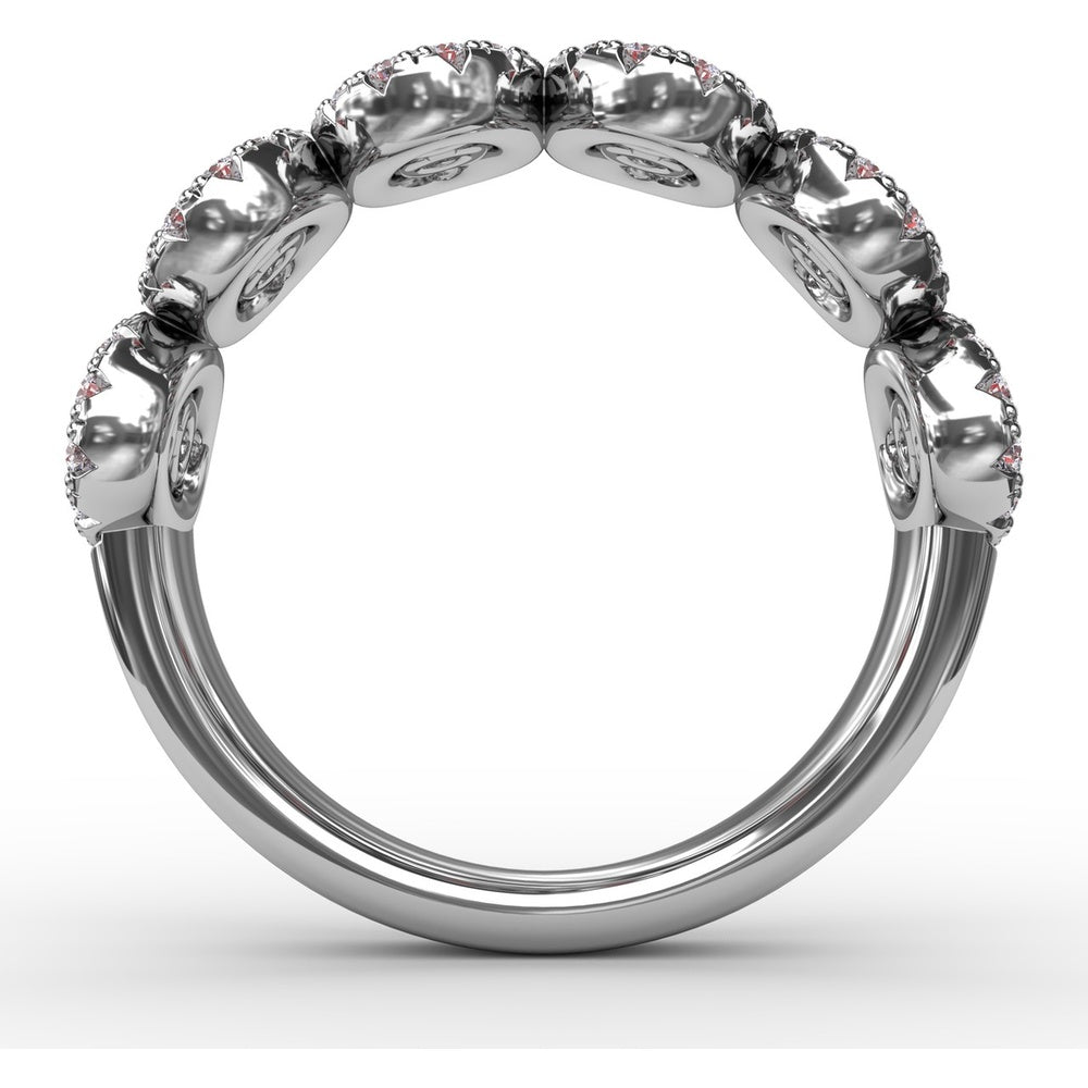 Ring with Round Rubies and Pavé Diamond Halos in Oval Clusters by Fana - 1.53 Carat Total Gemstone Weight