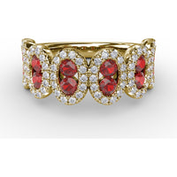 Ring with Round Rubies and Pavé Diamond Halos in Oval Clusters by Fana - 1.53 Carat Total Gemstone Weight