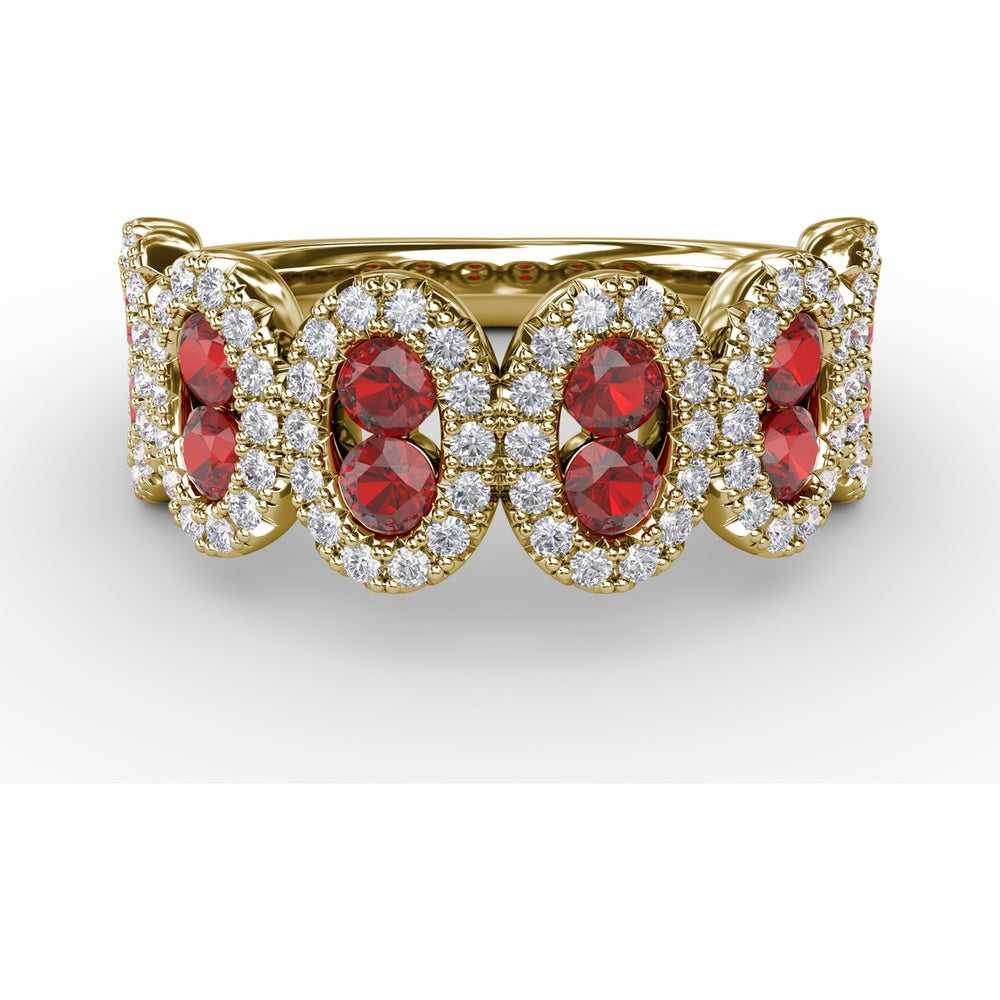 Ring with Round Rubies and Pavé Diamond Halos in Oval Clusters by Fana - 1.53 Carat Total Gemstone Weight