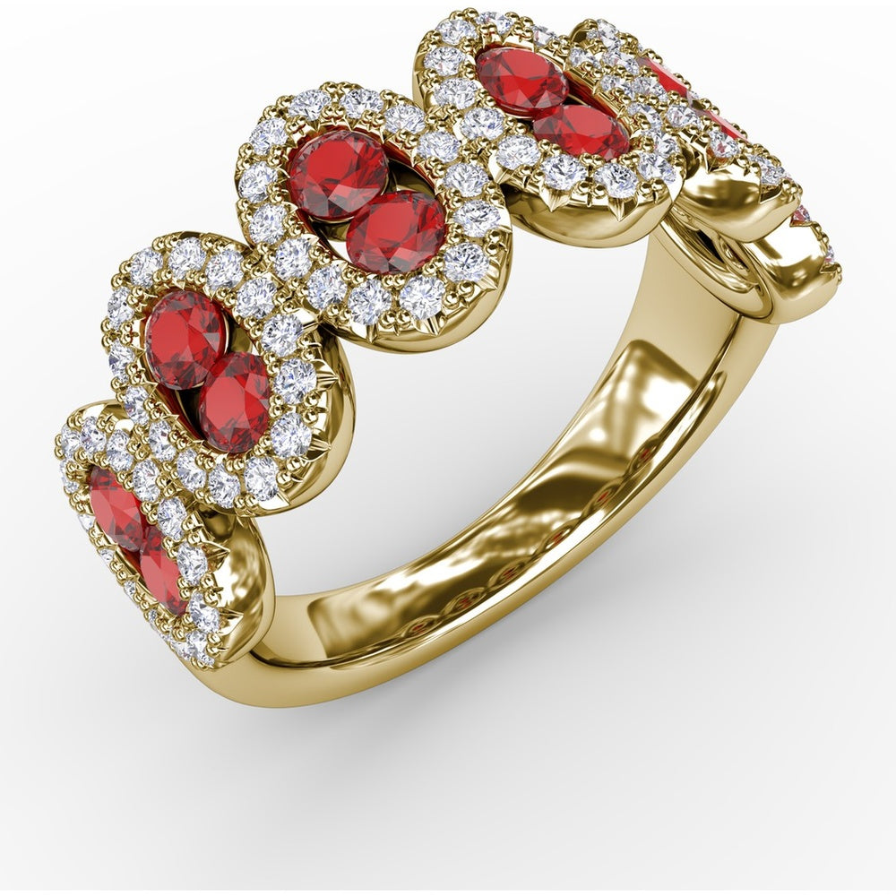 Ring with Round Rubies and Pavé Diamond Halos in Oval Clusters by Fana - 1.53 Carat Total Gemstone Weight