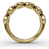 Ring with Round Rubies and Pavé Diamond Halos in Oval Clusters by Fana - 1.53 Carat Total Gemstone Weight