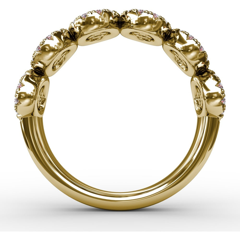 Ring with Round Rubies and Pavé Diamond Halos in Oval Clusters by Fana - 1.53 Carat Total Gemstone Weight