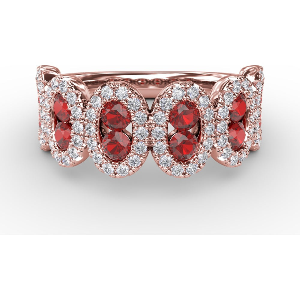 Ring with Round Rubies and Pavé Diamond Halos in Oval Clusters by Fana - 1.53 Carat Total Gemstone Weight