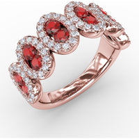Ring with Round Rubies and Pavé Diamond Halos in Oval Clusters by Fana - 1.53 Carat Total Gemstone Weight