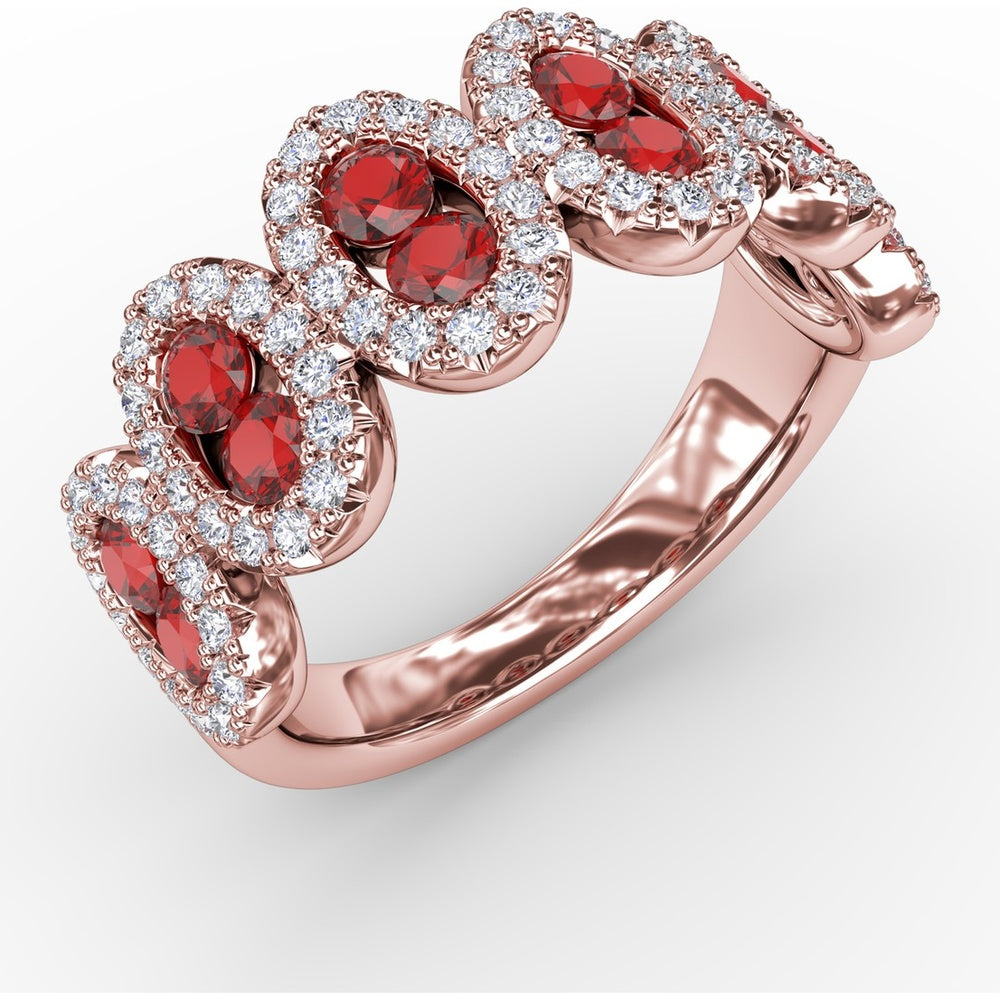 Ring with Round Rubies and Pavé Diamond Halos in Oval Clusters by Fana - 1.53 Carat Total Gemstone Weight