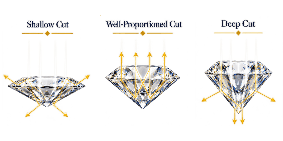 Illustration comparing shallow, well-proportioned and deep diamond cuts and how each affects light return