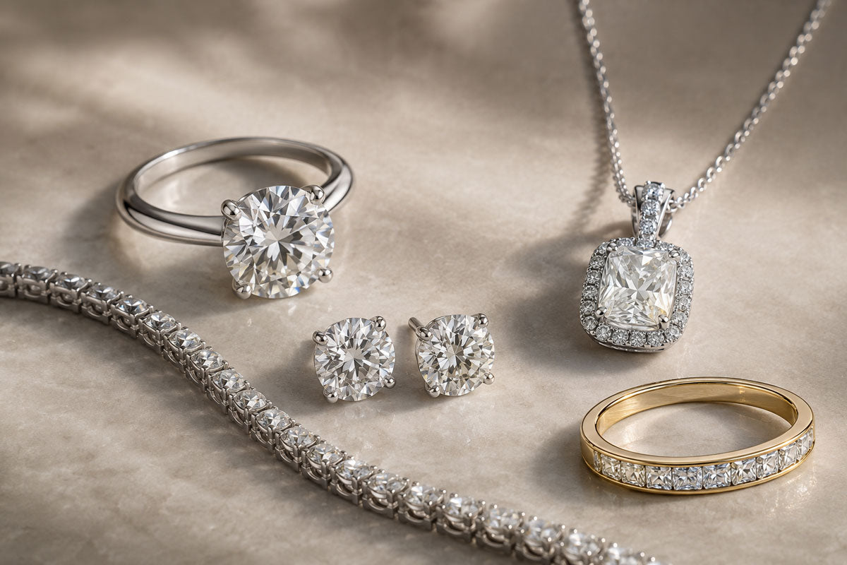 Fine diamond jewelry illustrating how cut, color, clarity and carat combine in finished jewelry