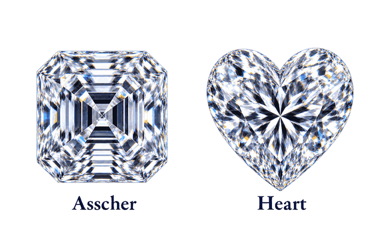 Side-by-side illustration comparing Asscher-cut and heart-shaped diamonds