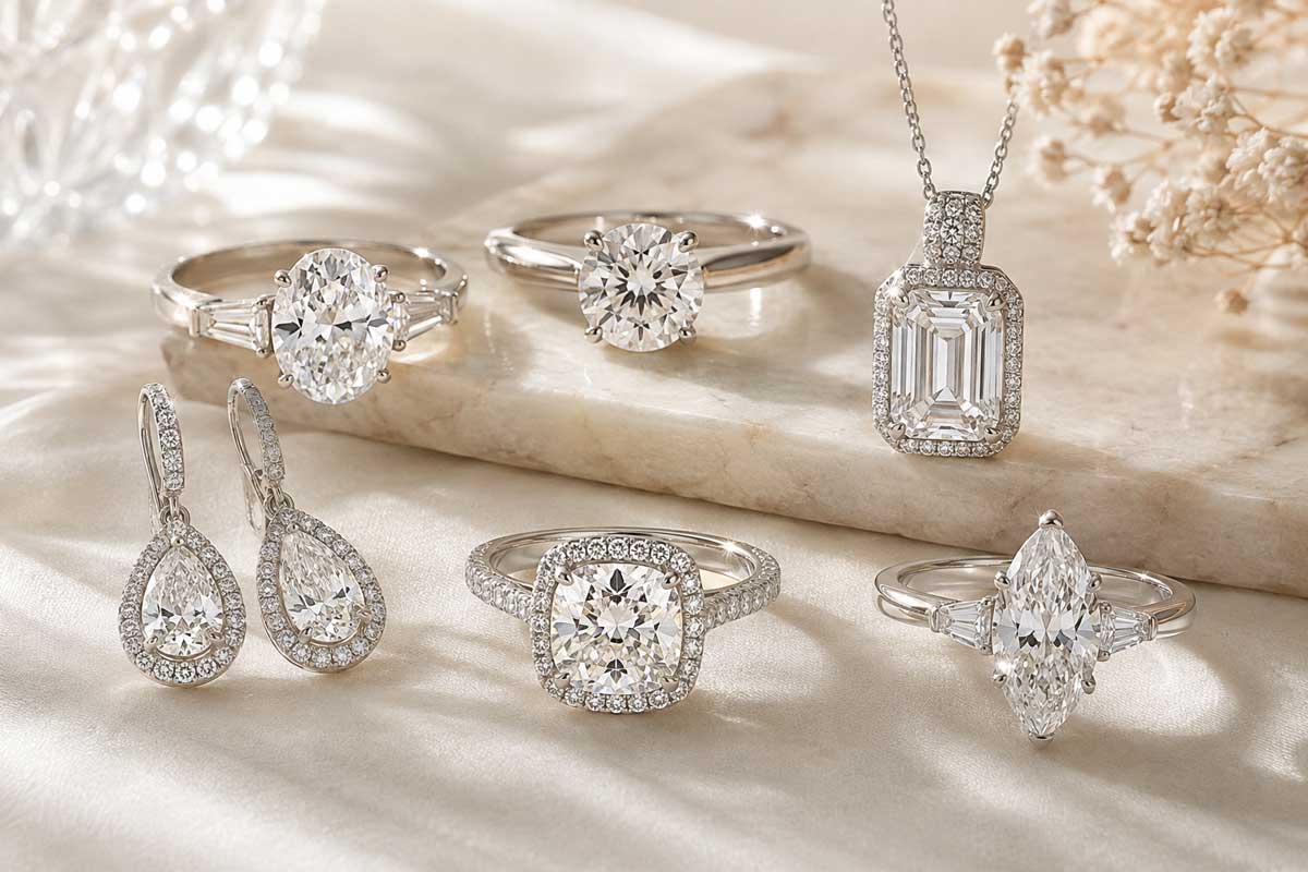 Fine diamond jewelry showing how different diamond shapes create distinct looks when set in finished pieces