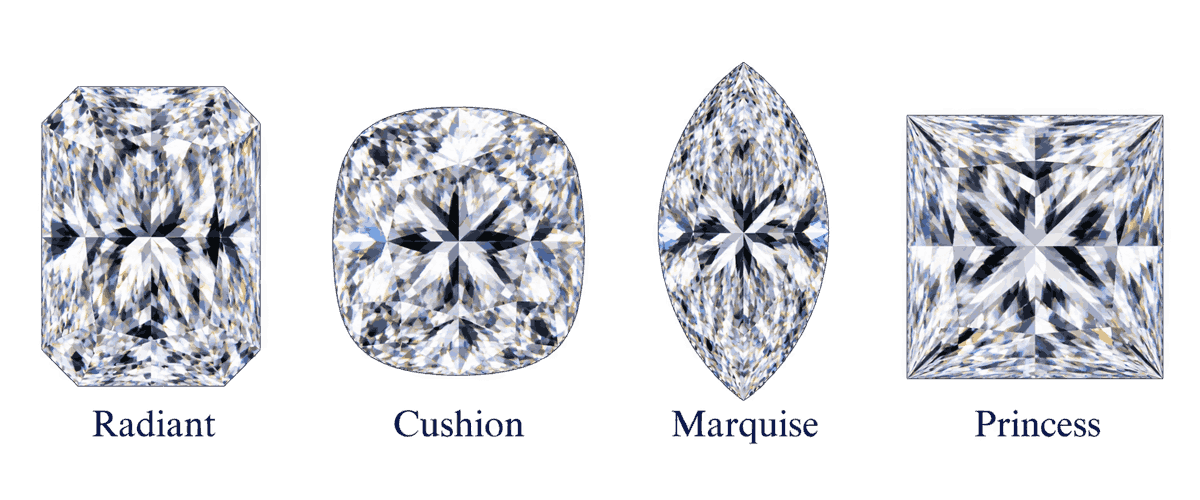 Side-by-side illustration of radiant, cushion, marquise and princess-cut diamonds