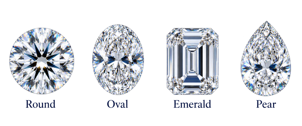 Side-by-side illustration of round, oval, emerald-cut and pear-shaped diamonds