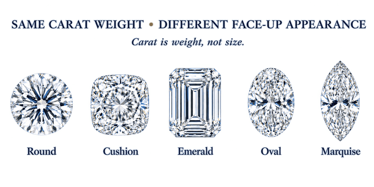 Face-up comparison illustrating how different diamond shapes can appear different in size at similar carat weights