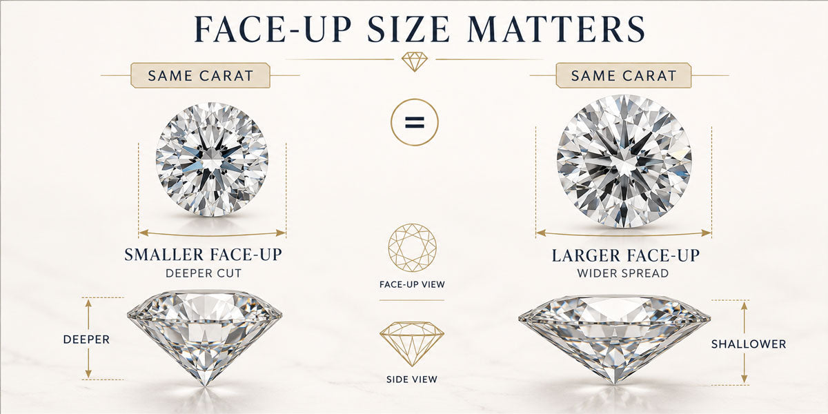 Lab diamond buying illustration showing that equal carat weights can have different face-up dimensions and visible sizes