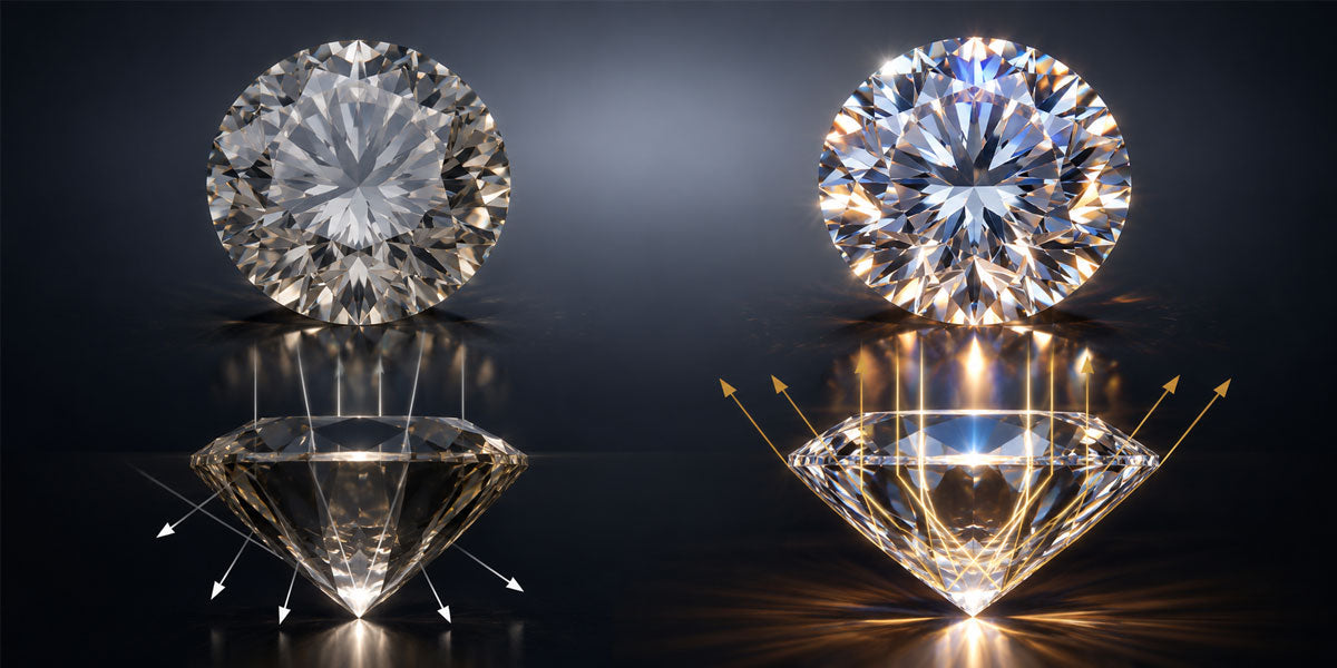Diamond buying illustration comparing weak and strong light performance to show why cut should be prioritized
