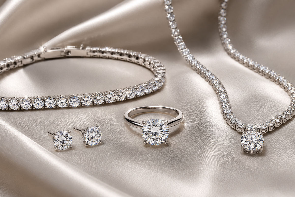Luxury finished lab diamond jewelry including engagement ring, stud earrings, tennis bracelet and diamond necklace