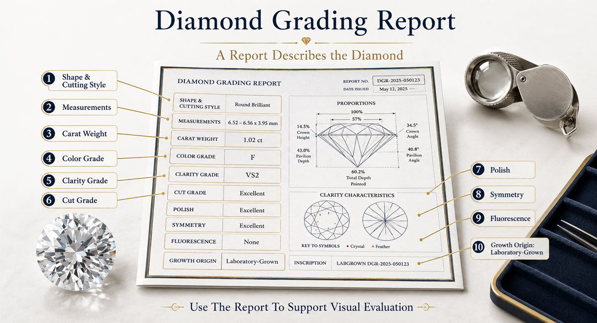 Illustration of a lab diamond grading report highlighting carat, color, clarity, measurements, polish, symmetry and laboratory-grown identification