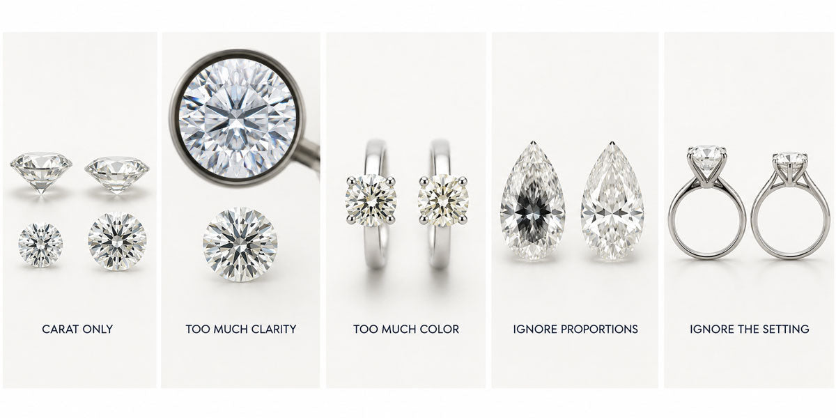 Lab diamond buying guide illustration highlighting common mistakes involving carat, cut, color, clarity and proportions