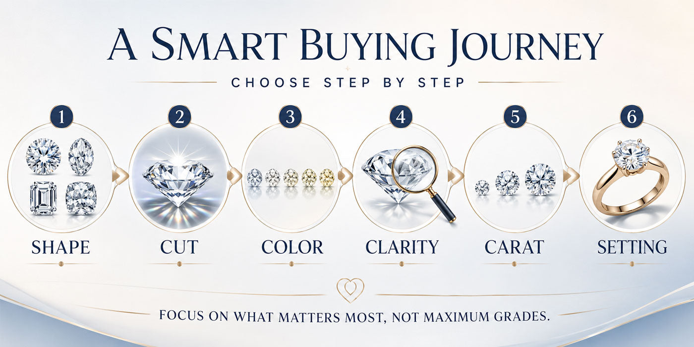 Lab diamond buying guide illustrating the steps from choosing shape and cut through color, clarity, carat and setting