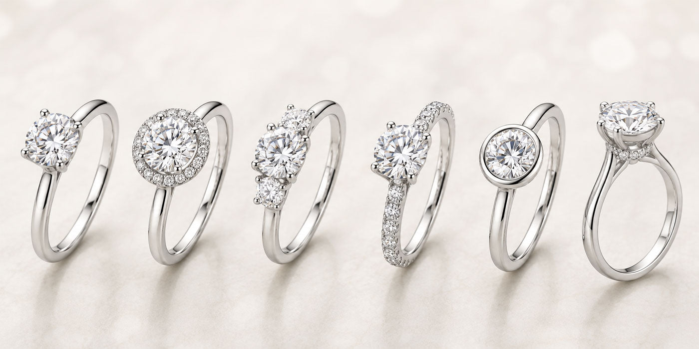 Fine jewelry illustration comparing solitaire, halo, three-stone, pave, bezel and hidden halo lab diamond ring settings