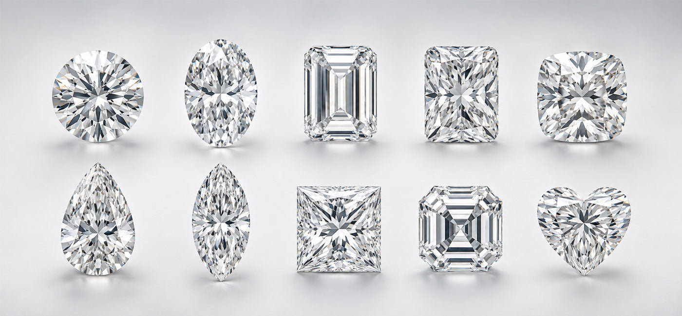 Popular lab diamond shapes including round, oval, emerald, radiant, cushion, pear, marquise, princess, Asscher and heart