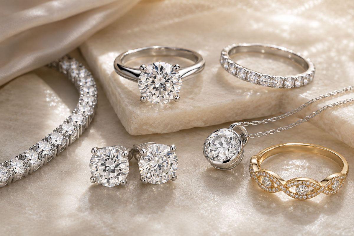 Luxury finished lab diamond jewelry including rings, diamond studs, tennis jewelry and a pendant