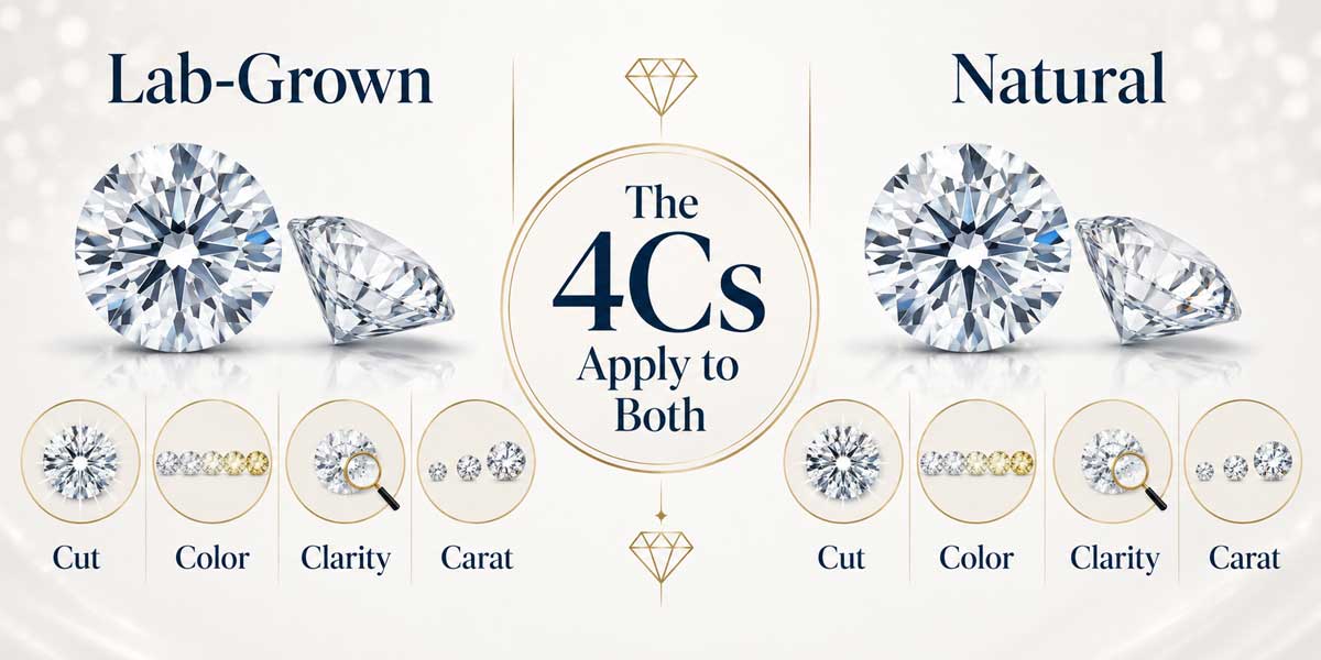 Lab-grown and natural diamond comparison illustrating that both can vary in cut, color, clarity and carat weight