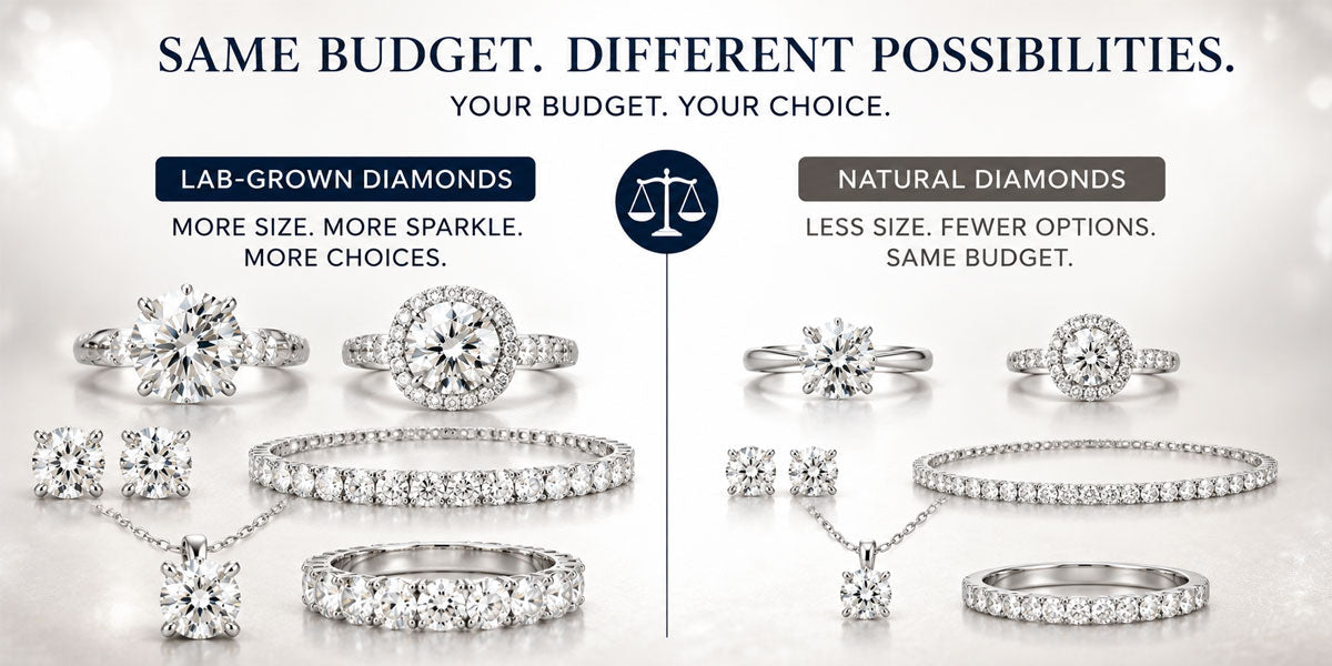 Illustration showing how the same jewelry budget may allow different diamond sizes when comparing laboratory-grown and natural diamonds