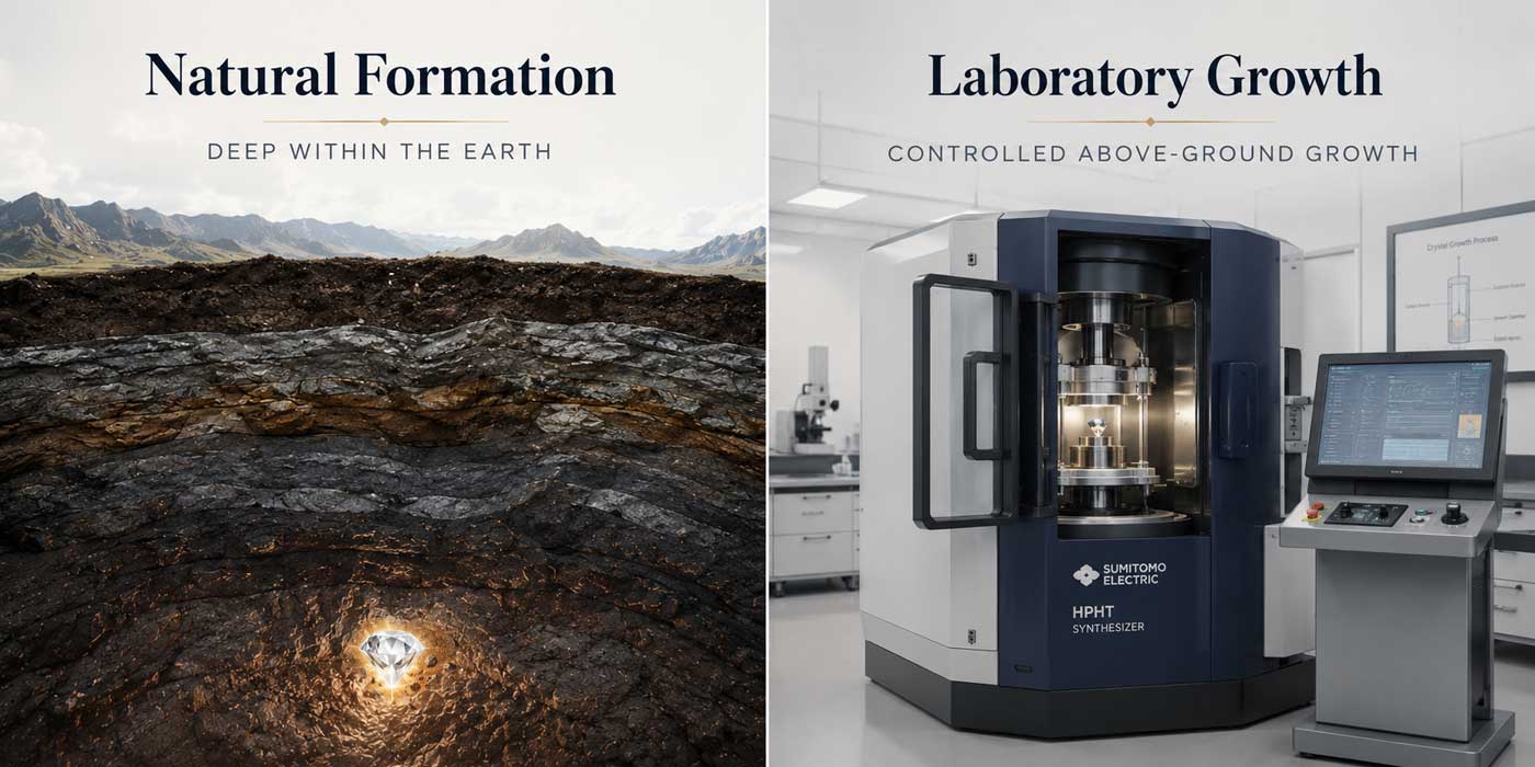 Educational illustration comparing natural diamond formation deep within the Earth with laboratory diamond growth above ground
