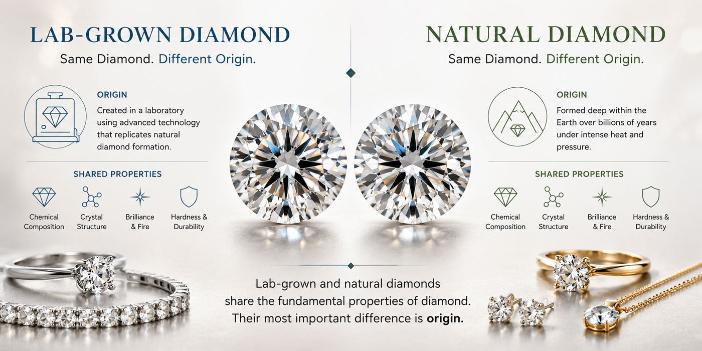 Side-by-side illustrated comparison of a laboratory-grown diamond and natural diamond showing their shared diamond appearance and different origins