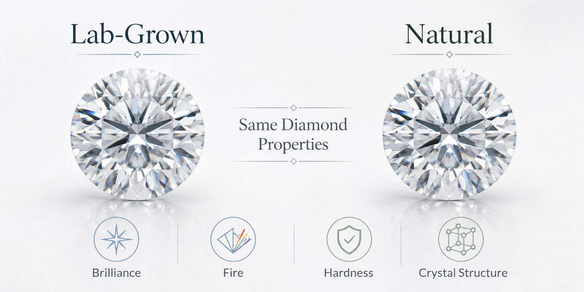 Illustration comparing the shared optical and physical properties of natural and laboratory-grown diamonds
