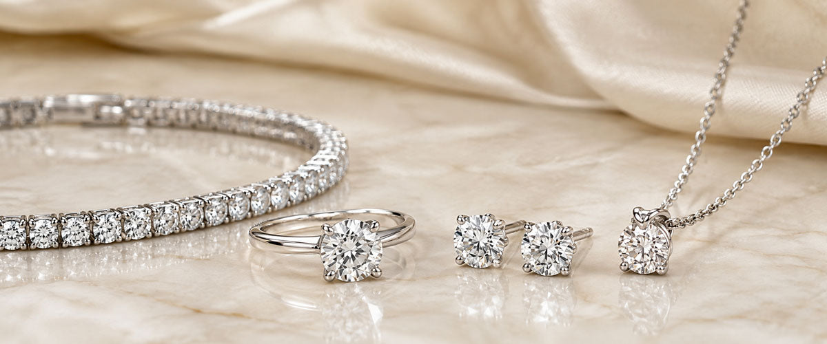 Elegant finished lab diamond jewelry including rings, earrings, bracelet and necklace