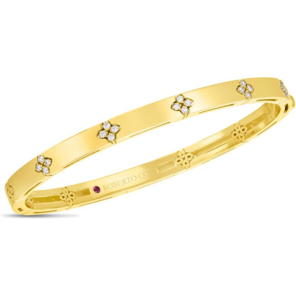 Roberto Coin - Love in Verona Narrow Width Flower Bangle in 18K Yellow Gold with Diamond Accents