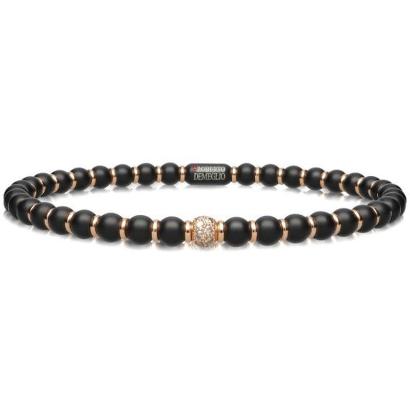 Roberto Demeglio - 4mm Matte Black Ceramic Stretch Bracelet With 1 Champagne Diamond Bead and Gold Rodells in 18K Rose Gold