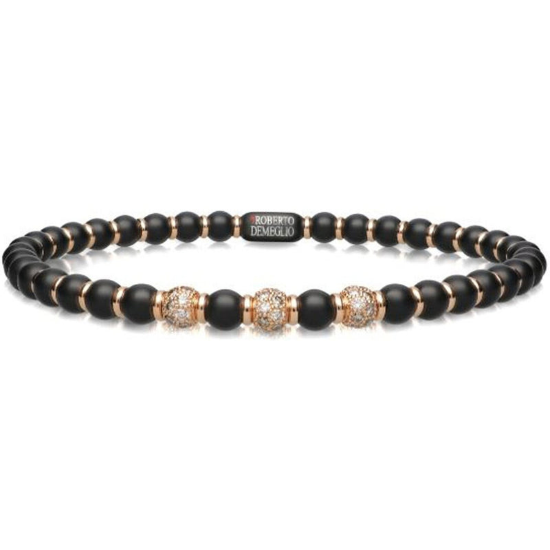Roberto Demeglio - 4mm Matte Black Ceramic Stretch Bracelet With 3 Champagne Diamond Beads and Gold Rodells in 18K Rose Gold