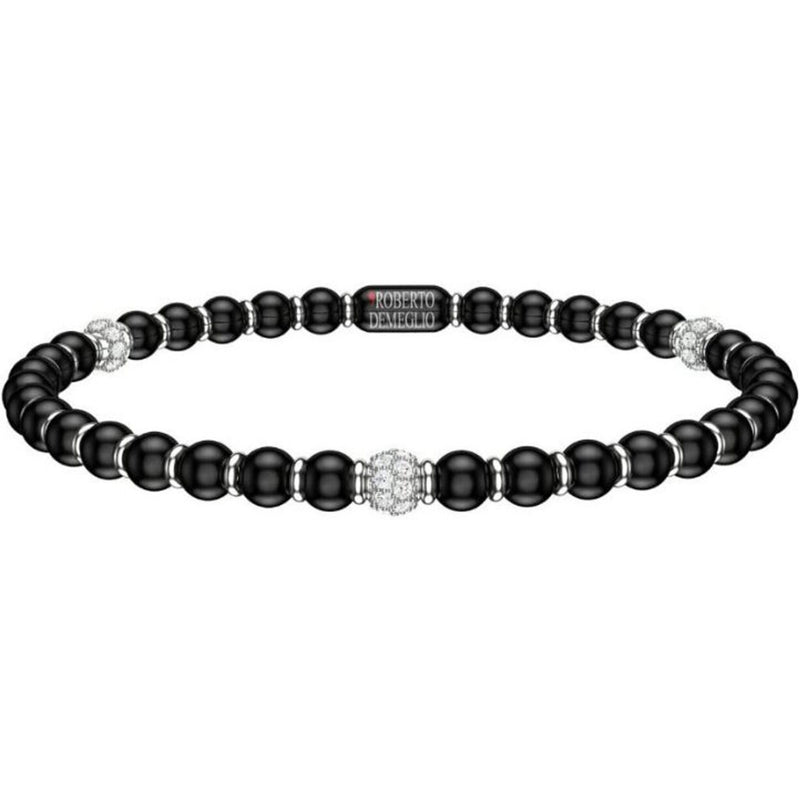 Roberto Demeglio - 4mm Matte Black Ceramic Stretch Bracelet With 3 Diamond Beads and Gold Rodells in 18K White Gold