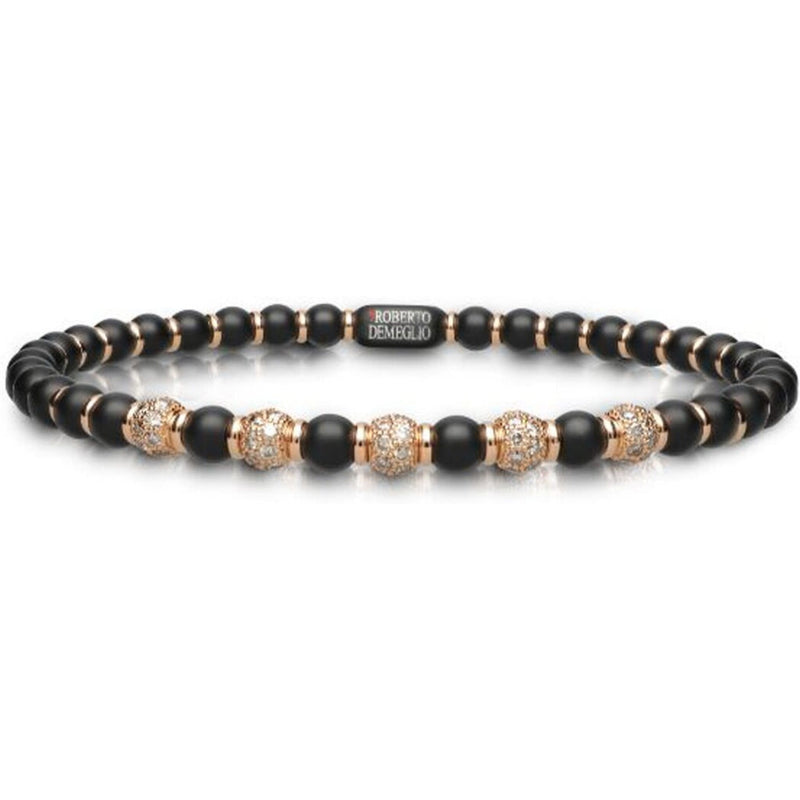 Roberto Demeglio - 4mm Matte Black Ceramic Stretch Bracelet With 5 Champagne Diamond Beads and Gold Rodells in 18K Rose Gold