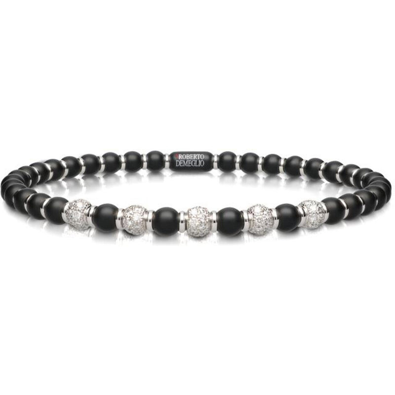 Roberto Demeglio - 4mm Matte Black Ceramic Stretch Bracelet With 5 Diamond Beads and Gold Rodells in 18K White Gold