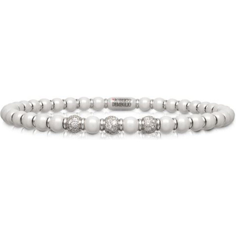 Roberto Demeglio - 4mm White Ceramic Stretch Bracelet With 3 Diamond Beads and Gold Rodells in 18K White Gold