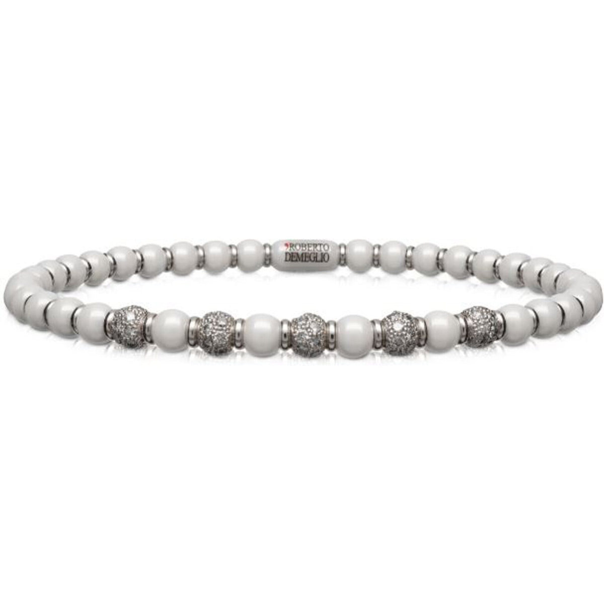 Roberto Demeglio - 4mm White Ceramic Stretch Bracelet With 5 Diamond Beads and Gold Rodells in 18K White Gold