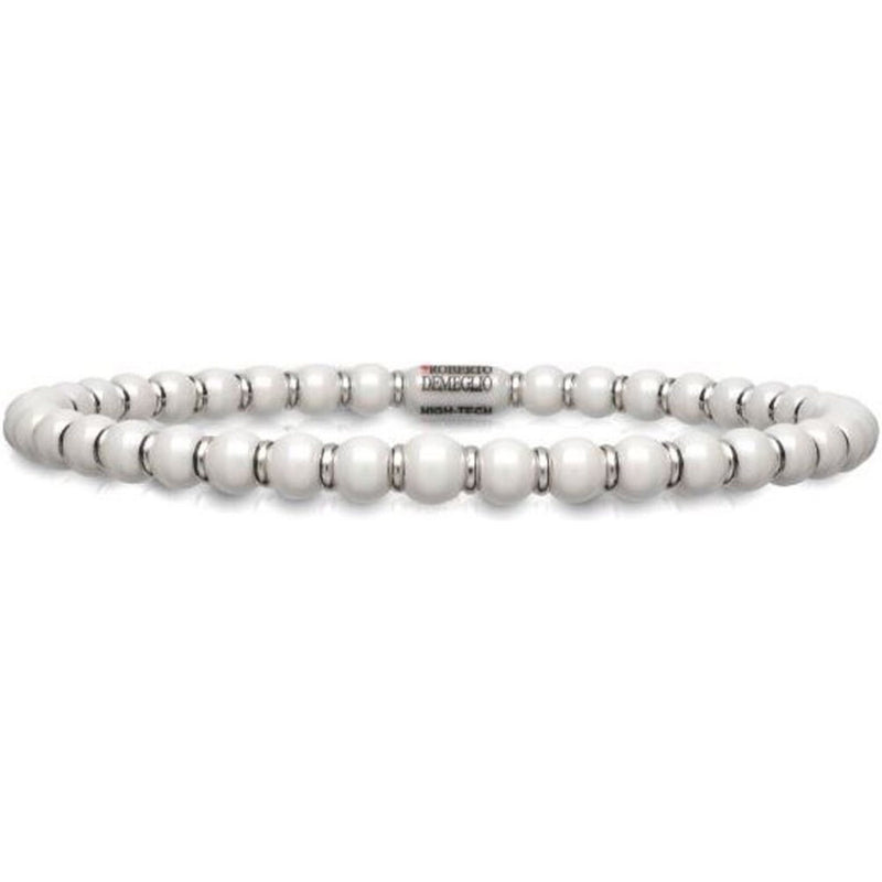 Roberto Demeglio - 4mm White Ceramic Stretch Bracelet With Gold Rodells in 18K White Gold