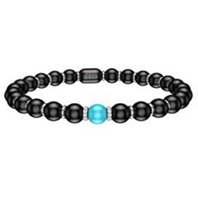 Roberto Demeglio - 6.5mm Black Ceramic Stretch Bracelet With 1 Turquoise, 2 Diamond Beads and Gold Rodells in 18K White Gold